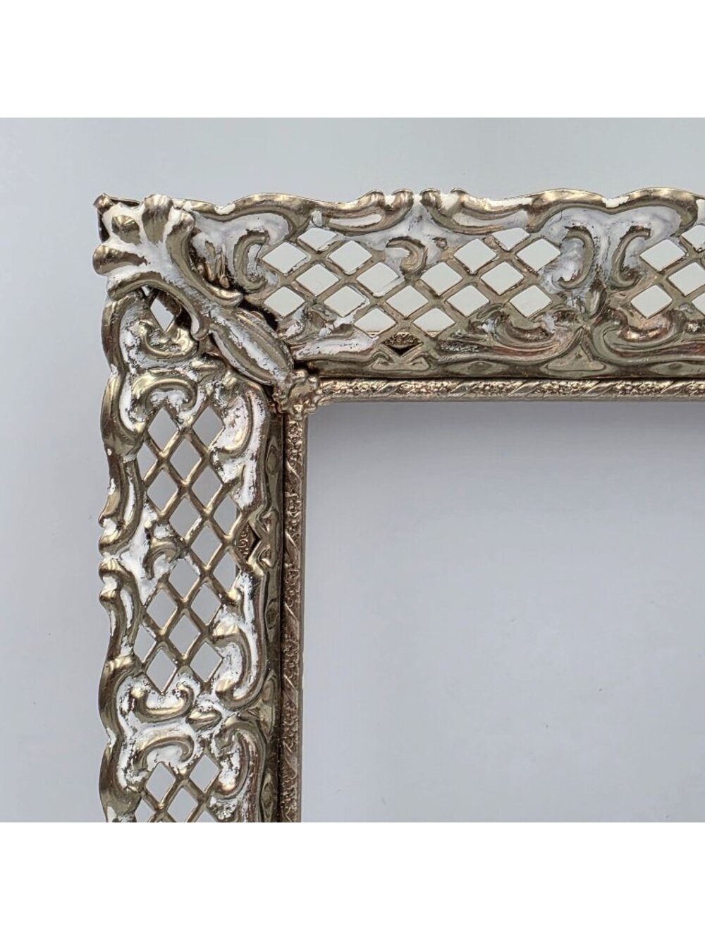 Ornate Gold Tone White Wash Metal Frame Intricate Lattice Applied Corners 8" x 8